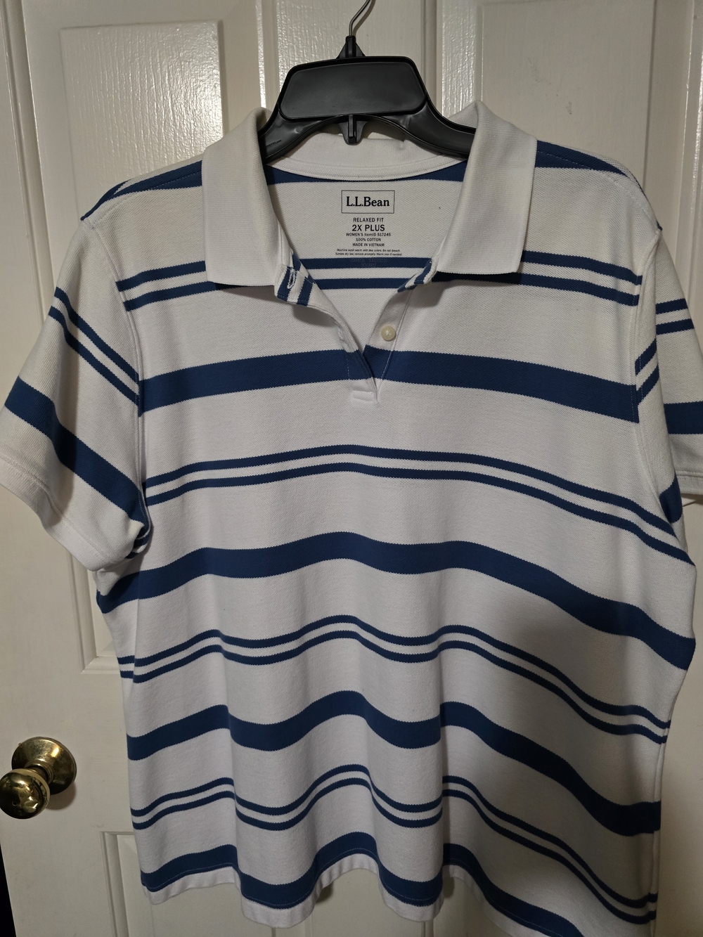 L.L. Bean Men’s White Polo with Navy Blue Stripes